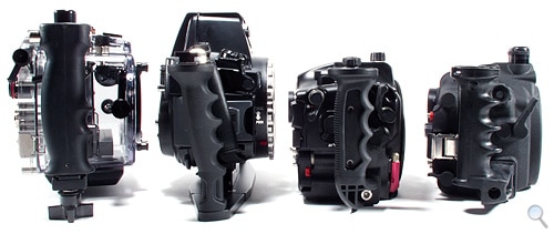 Side view of underwater housings for <a href='http://www.backscatter.com/HostedStore.LassoApp?-ResponseLassoApp=detail.lasso&ID=e16931337dcea5da3b6329efccd02f3a&s1op=cn&s1=t2i&sop=AND&sf=Price&so=' class='standard'><a href='http://www.backscatter.com/HostedStore.LassoApp?-ResponseLassoApp=detail.lasso&ID=e16931337dcea5da3b6329efccd02f3a&s1op=cn&s1=t2i&sop=AND&sf=Price&so=' class='standard'>Canon T2i</a></a> by Ikelite, Sea & Sea, Aquatica, and Nauticam