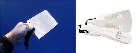 <a href='http://www.backscatter.com/HostedStore.LassoApp?-ResponseLassoApp=detail.lasso&ID=21980520de7003685468853aa454e795&s4op=cn&s4=EOS%205DMarkII&sop=AND&s' class='standard'>Canon 5D Mark II</a> Underwater Video - Underwater Video White Balance Slate and Fins