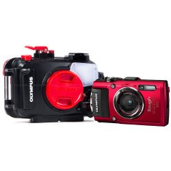 Olympus Tough TG-4 Waterproof Compact Red Camera & Olympus PT-056 Underwater Housing