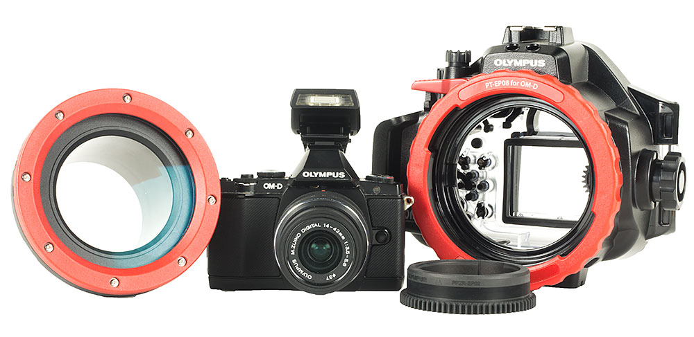 Olympus OM-D E-M5 Camera, 14-42mm II Lens, PT-EP08 Underwater Housing,  PPO-EP01 Lens Port & 14-42mm Zoom Gear