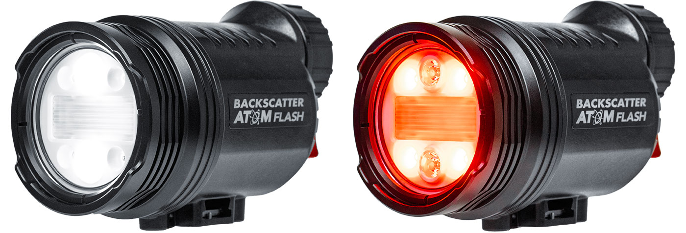 ©Backscatter - Backscatter Atom Flash Underwater Strobe Review - Two up, Atom with white lights on Atom with red lights on. Atom with light coming from the snoot