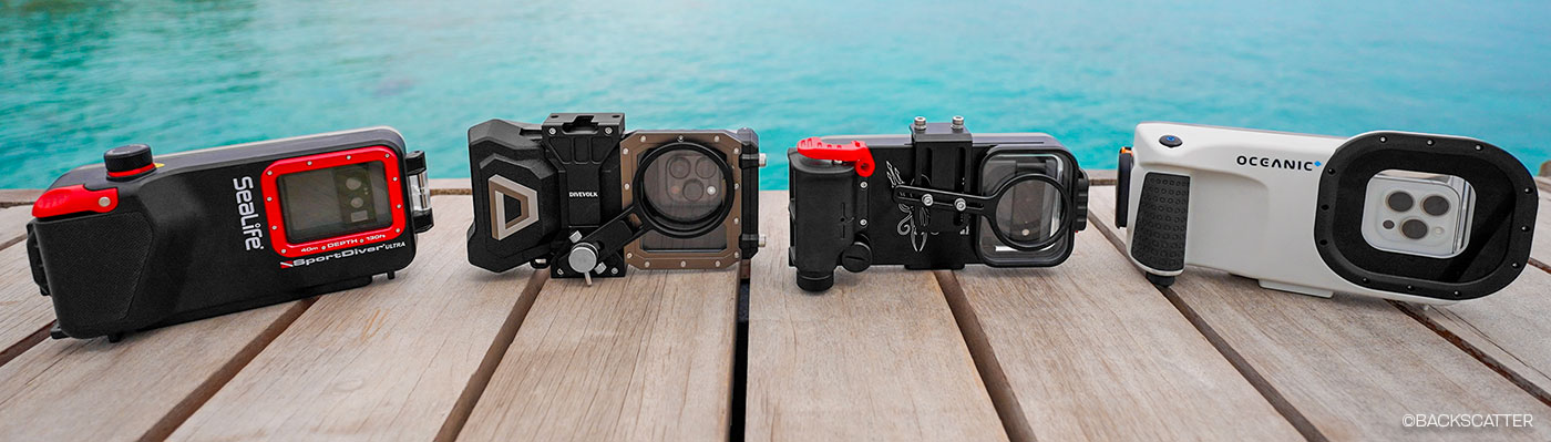 ©Backscatter - Best Smartphone & iPhone Underwater Housings of 2025 - Image: Phones in front of various housings