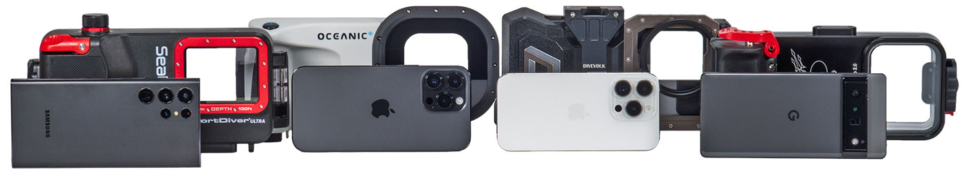 ©Backscatter - Best Smartphone & iPhone Underwater Housings of 2025 - Image: Phones in front of various housings