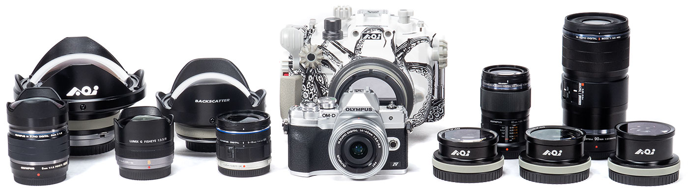 Olympus OM-D E-M10 IV Underwater Camera & Housing Review - [embed photo: lineup of housing and all recommended lenses]