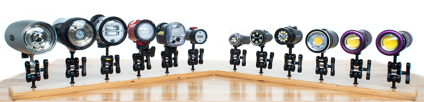 Strobes vs. Video Lights for Underwater Photography - Lineup of Strobes vs Video Lights